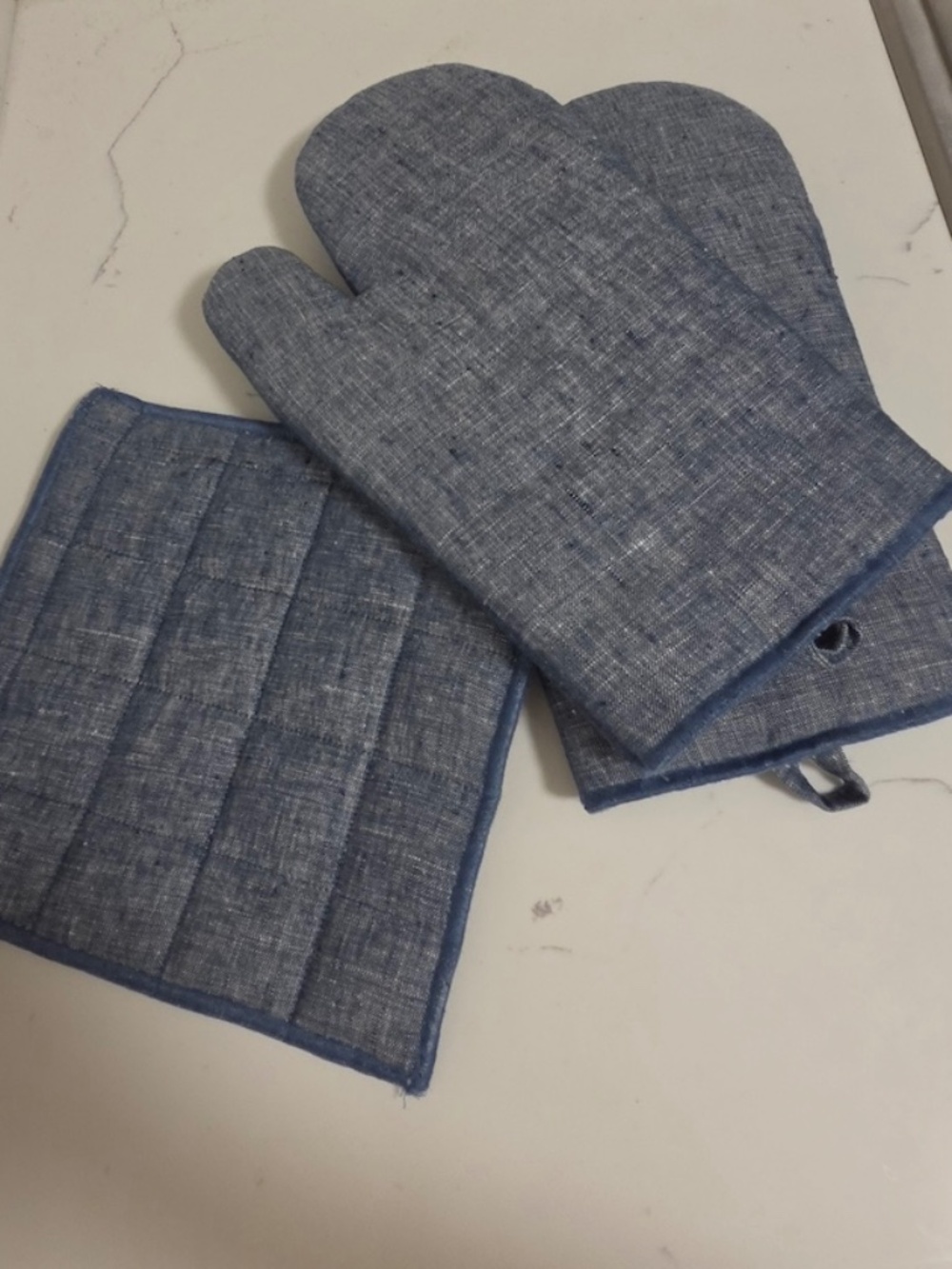 Crate & Barrel Blue Set of Oven Mitts & Potholder